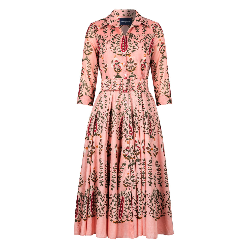 Soft nude printed midi dress with 3/4 sleeves, gathered waist, and button front