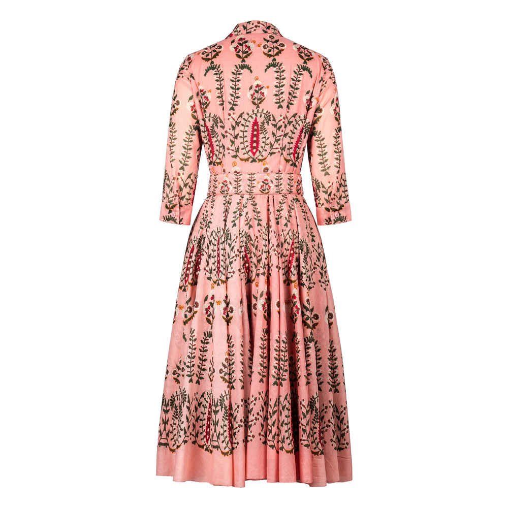 Soft nude printed midi dress with 3/4 sleeves, gathered waist, and button front