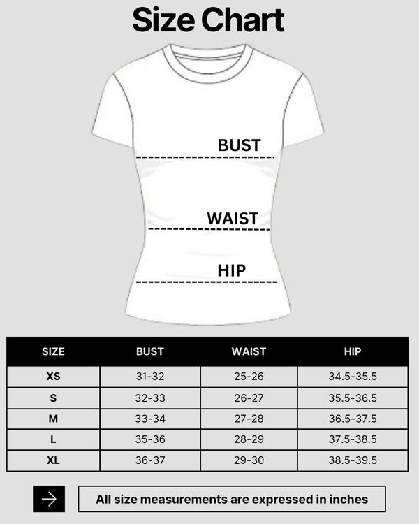 T-shirt size chart diagram with bust, waist, and hip measurement lines