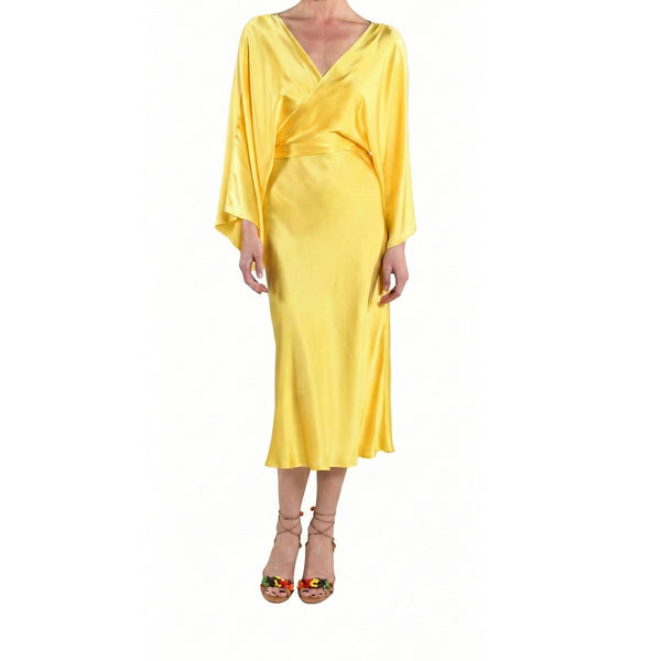 Yellow silk slip midi dress with V-neck and relaxed kimono sleeves