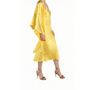Yellow silk midi dress with V-neck, draped sleeves and soft gathered waist