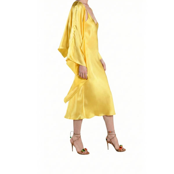 Yellow silk midi dress with V-neck, draped sleeves and soft gathered waist