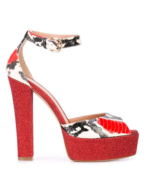 Red glitter heeled platform sandal with cow-print upper and ankle strap buckle
