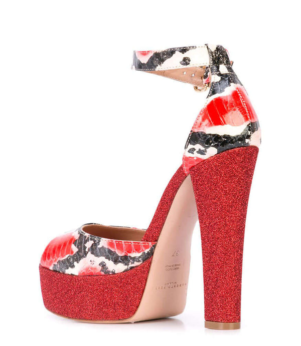 Red glitter platform heel sandal with cow-print ankle strap and high block heel