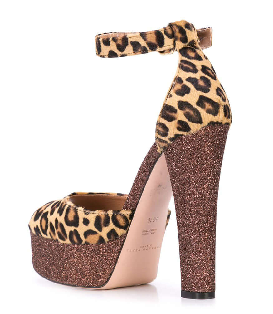 Leopard print platform heel sandal with ankle strap; open toe and glittery dark brown heel