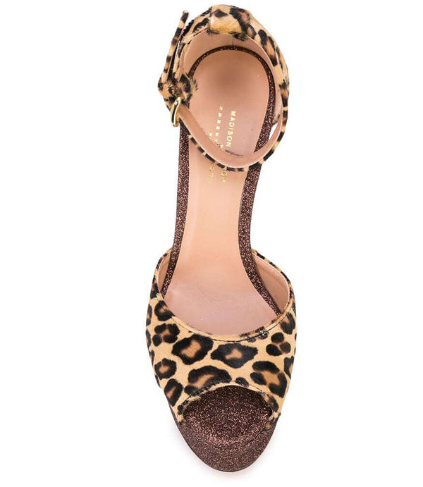 Leopard print peep-toe platform heel sandal with ankle strap and glittery dark brown sole