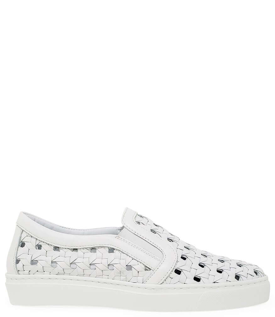 White woven leather low-top sneaker with lace-up closure and cushioned sole