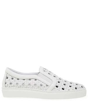 White woven leather low-top sneaker with lace-up closure and cushioned sole