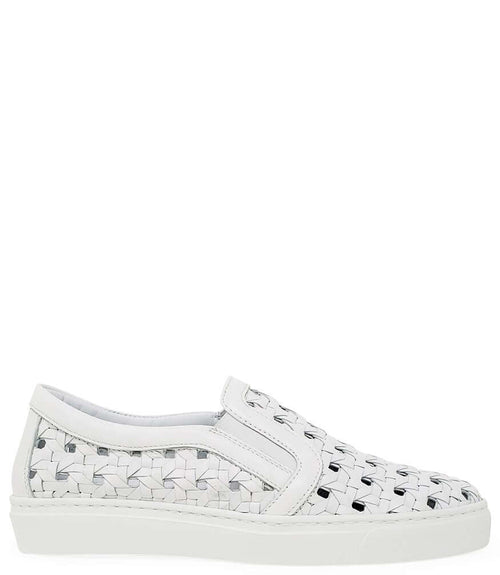 White woven leather low-top sneaker with lace-up closure and cushioned sole