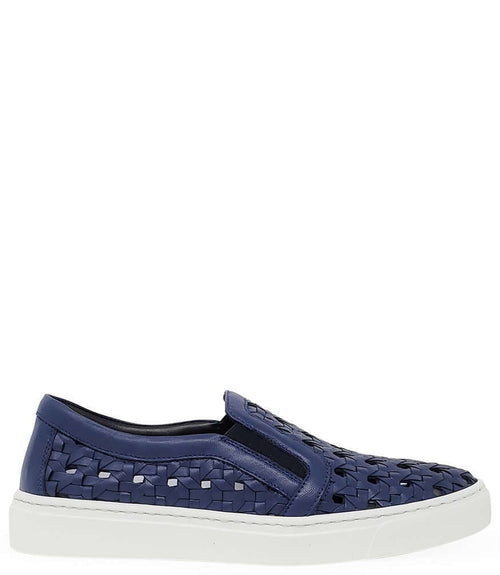 Navy woven leather sneaker with slip-on design and textured side panel