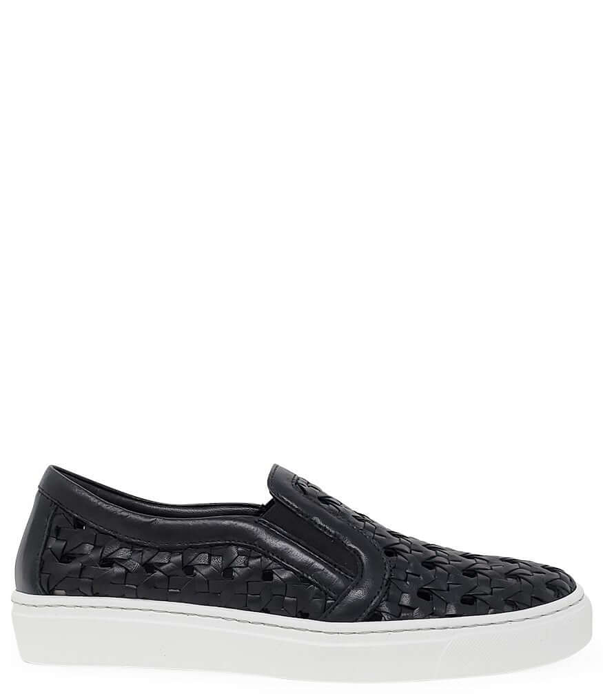 Black woven leather low-top sneaker with side strap and white rubber sole