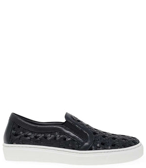 Black woven leather low-top sneaker with side strap and white rubber sole