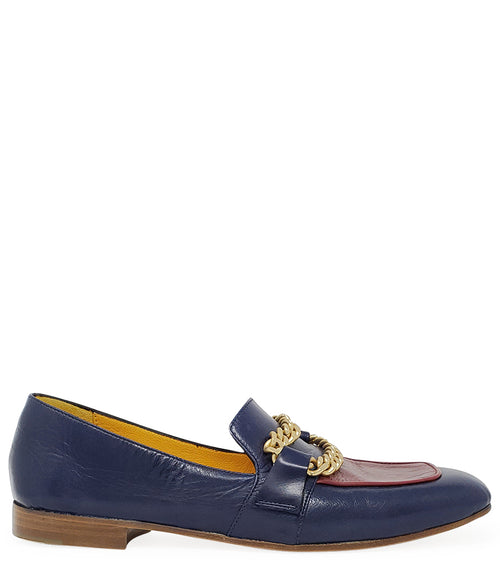 Two-tone blue flat loafer with gold chain bit and red inset leather panel