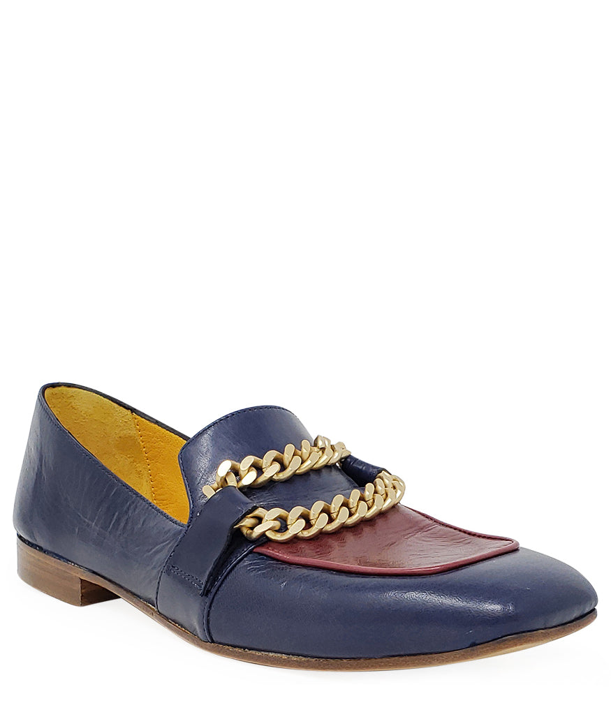 Two-tone blue flat loafer with gold chain bit and red inset leather panel