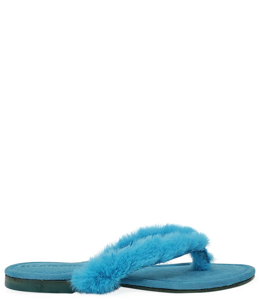 Ivanka turquoise faux-fur thong sandal with cross strap and flat sole