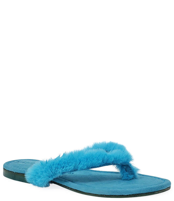 Turquoise faux-fur thong sandal, single flip-flop view with flat sole