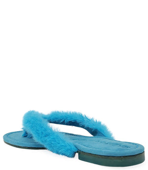 Turquoise faux-fur thong sandal with X strap and flat platform sole