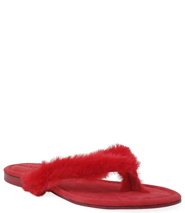 Red faux-fur thong sandal with contoured footbed and flat sole