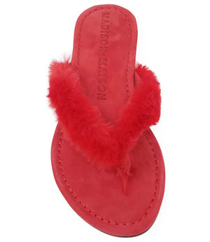 Red thong sandal footbed with Ivanka logo and faux-fur toe loop
