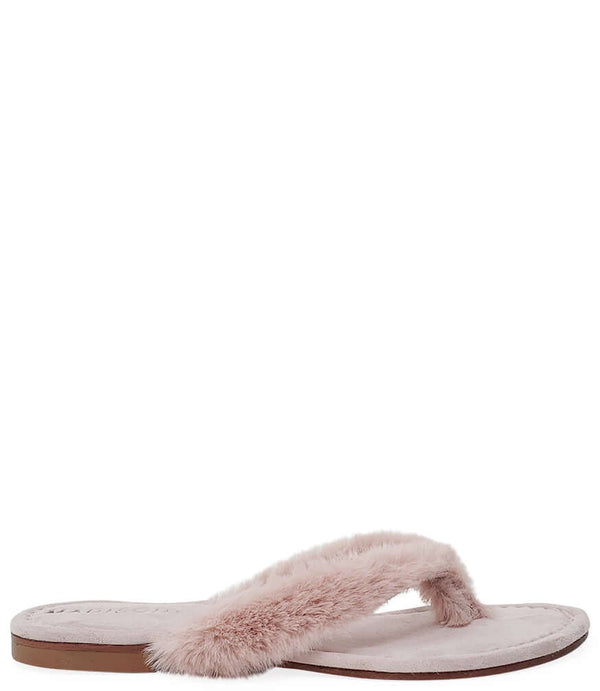 Light pink faux-fur thong sandals with open toe and low flat heel