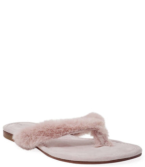 Light pink faux-fur thong sandals with wide T-strap and padded sole