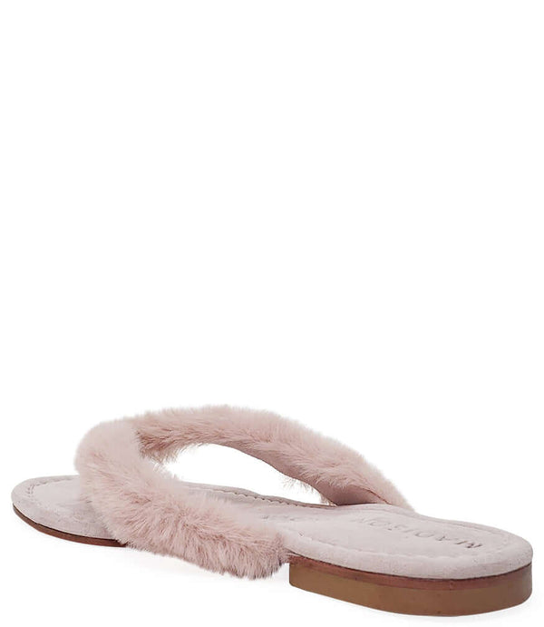 Light pink faux-fur thong sandals, side profile with flat rubber sole