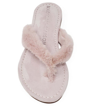 Light pink fabric thong sandals with faux-fur ankle strap and stitched toe loop