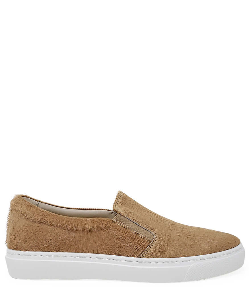 Tan hair-on calf slip-on sneaker with elastic gore and white rubber sole