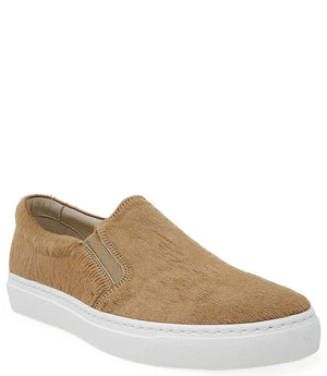 Tan hair-on calf slip-on sneaker, side view, padded collar, white platform sole
