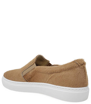 Tan hair-on calf slip-on sneaker with heel collar detail and white sole
