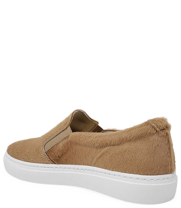 Tan hair-on calf slip-on sneaker with heel collar detail and white sole