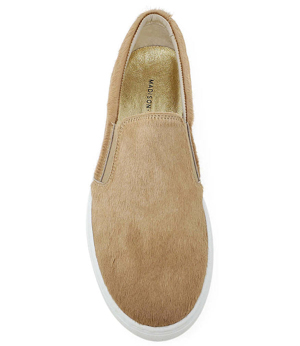 Tan hair-on calf slip-on sneaker, back view with V-cut collar and white sole