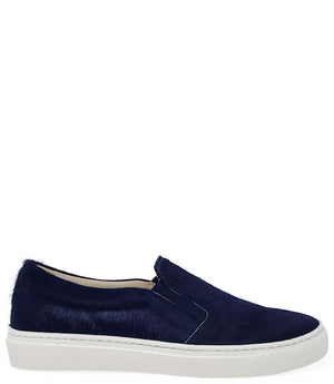 Navy short-hair slip-on calf sneaker with white rubber sole