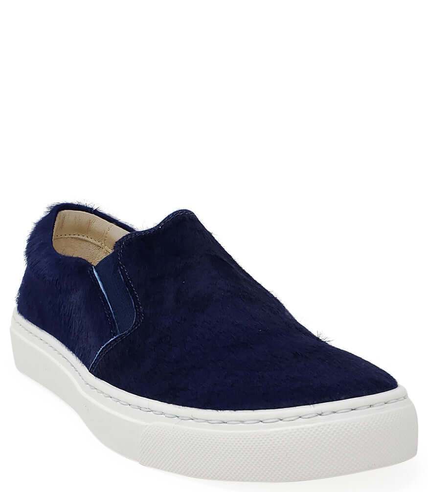 Navy short-hair slip-on calf sneaker with white rubber sole
