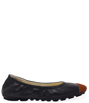 Black ballet flat with tan calf-hair toe and low rubber sole