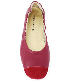 Red ballet flat with beige lining and fuzzy calf-hair toe trim, low sole