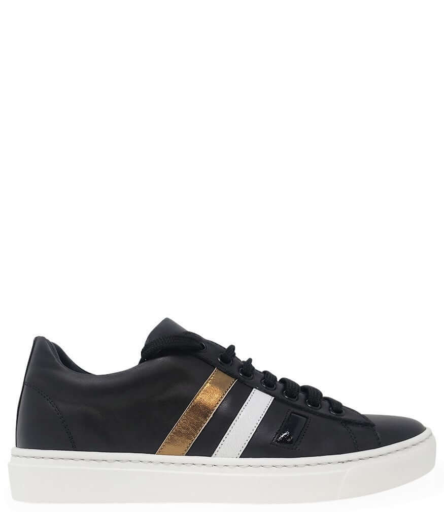 Black leather sneaker profile with gold and white 3 stripes, black laces, thick white sole