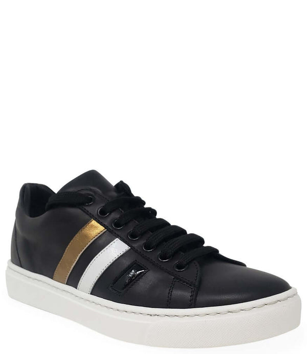 Black leather sneaker with gold and white 3-stripe side, black laces, white sole