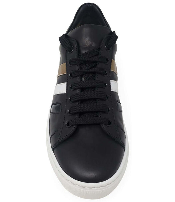 Black leather sneaker front view with gold panel and white 3-stripe detail, white sole