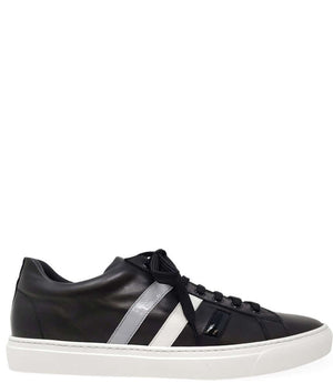 Black leather men’s sneaker with three white side stripes and black laces