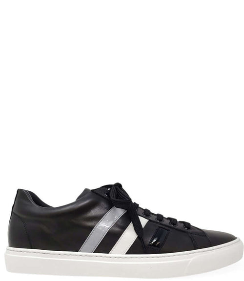 Black leather men’s sneaker with three white side stripes and black laces