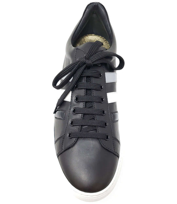 Black leather lace-up sneaker front with three white stripe details and white sole