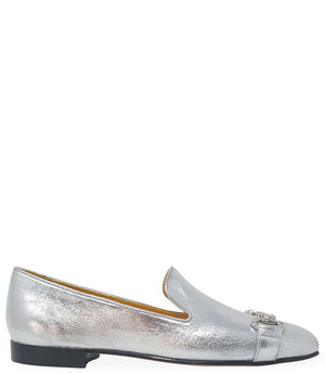 Silver metallic leather square-toe loafer with slip-on vamp and metal bit