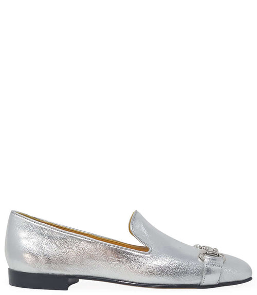 Silver metallic leather square-toe loafer with slip-on vamp and metal bit