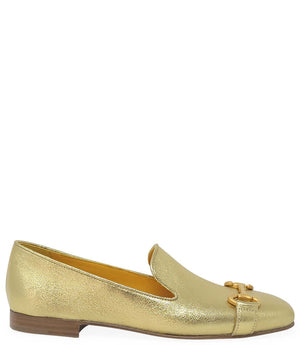 Gold leather square-toe loafer with slip-on design and low block heel