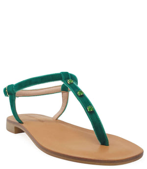 Emerald green thong sandal with side strap and small gold jewel accents