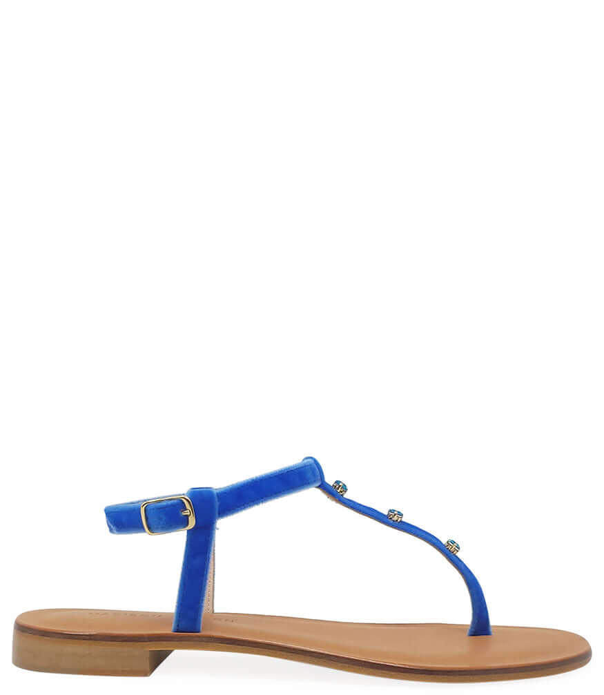 Blue jeweled thong sandal with ankle strap, open toe, tan sole