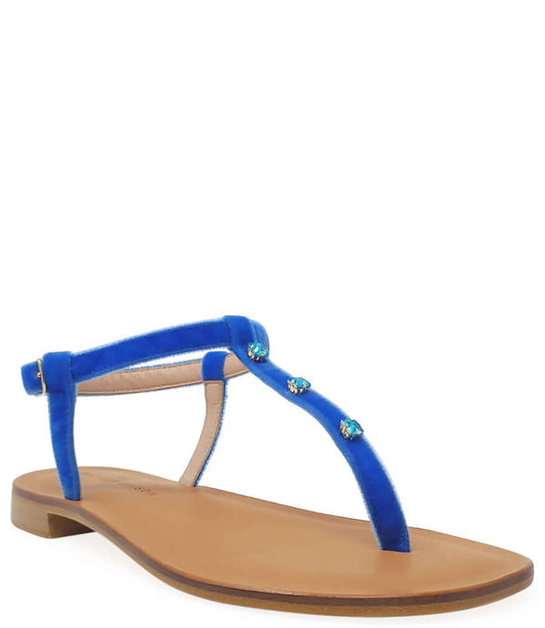 Blue jeweled T-strap sandal with open toe and tan low heel