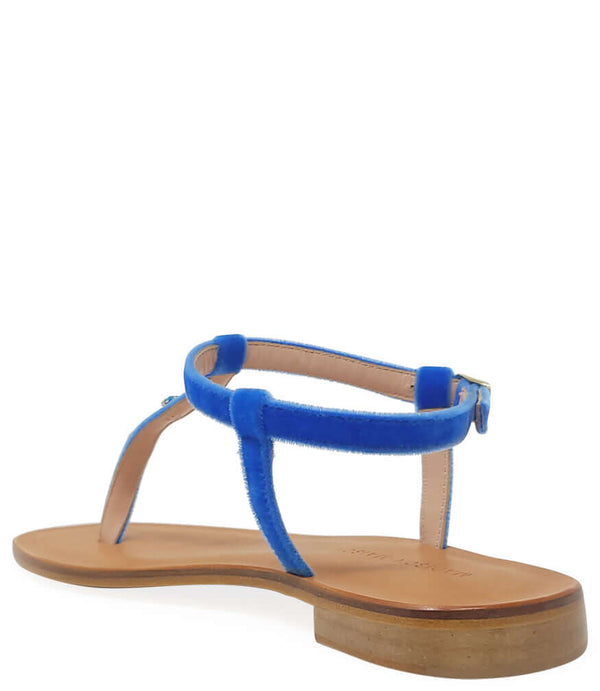 Blue open-toe thong sandal with jewel accents and toe-loop strap, tan sole