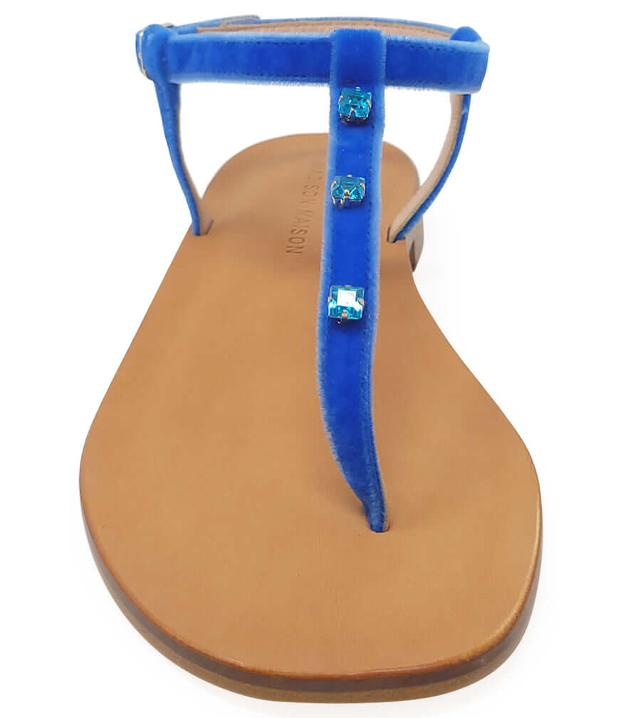 Blue jeweled thong sandal with ankle strap, open toe, tan sole